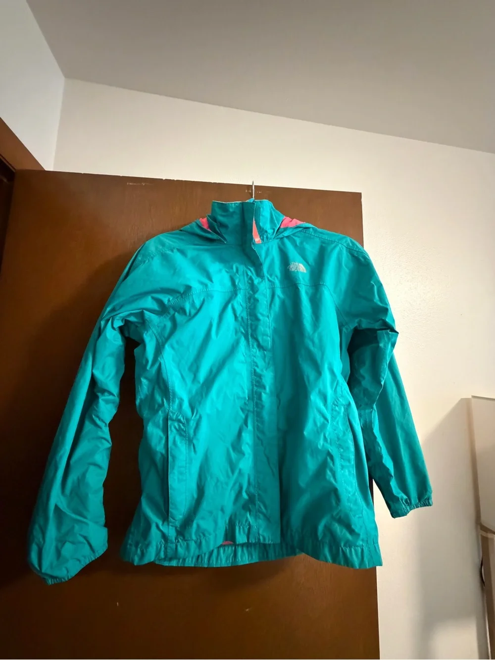 The North Face Turquoise Rain Shell with Pink Trim
